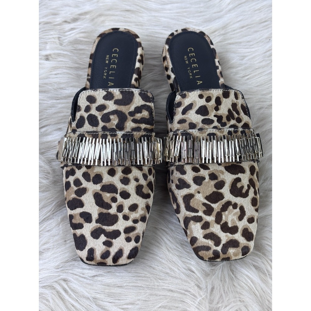 Cecelia NY Flipper Mules Womens 6.5 Leopard Calf Hair Fringe Square Toe Shoes